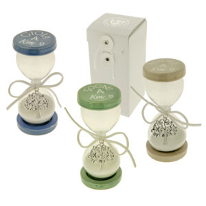 Clessidre vetro con basi in ceramica colorata e stampe Gioia Sogni Amore e albero vita in acciaio Etm