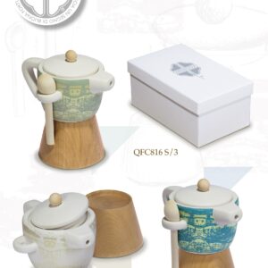 Bomboniere Solidali Quadrifoglio - Zuccheriera in Porcellana e Legno a forma di Moka con decorazioni Oro - immagine 3